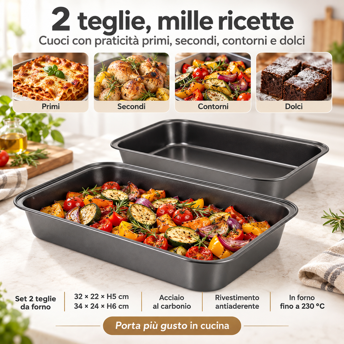 Set 2 Teglie da Forno Casa & Cooking in Acciaio al Carbonio Antiaderente