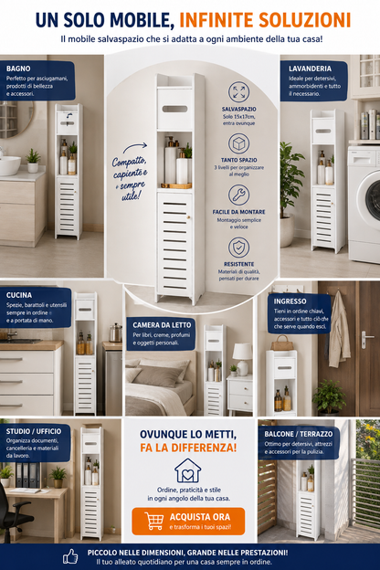 Mobiletto Bagno Salvaspazio 15x17x80cm, Colonna Sottile, Bianco