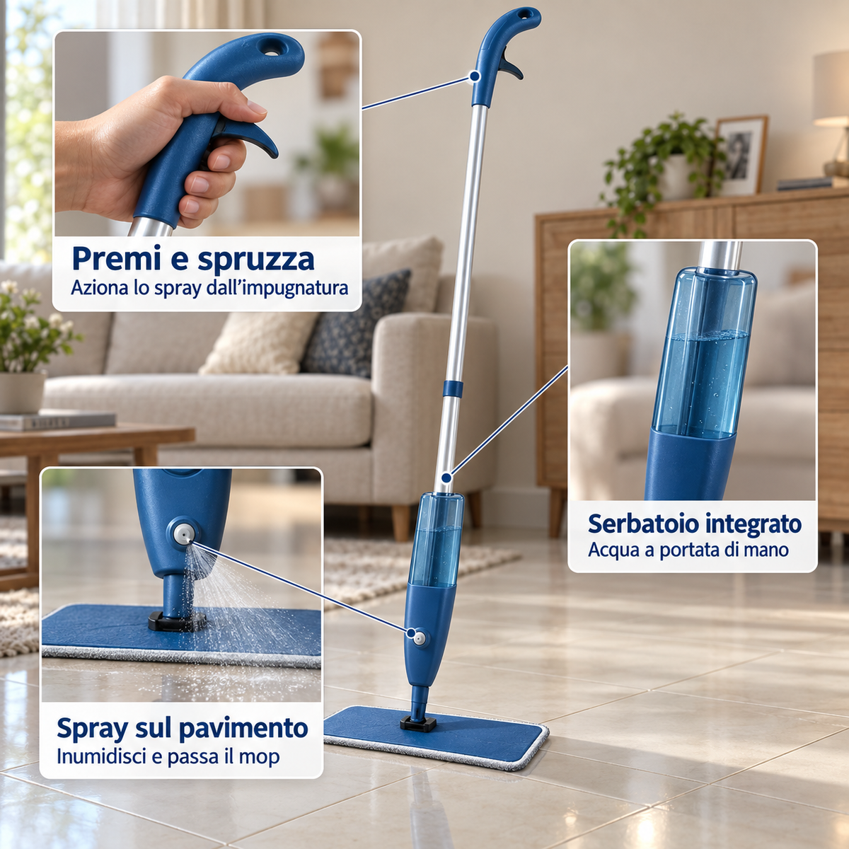 Scopa Spray Lavapavimenti 3 in 1 con Serbatoio 850ml e Panno in Microfibra