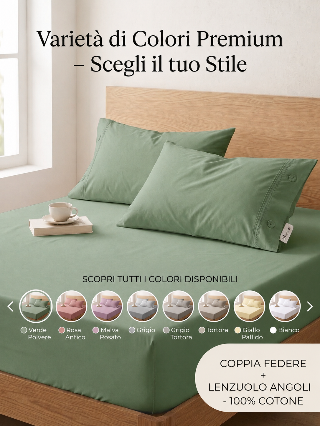 Set Letto 3 Pezzi in 100% Puro Cotone: Lenzuolo con Angoli + 2 Federe