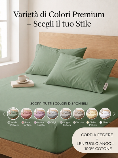 Set Letto 3 Pezzi in 100% Puro Cotone: Lenzuolo con Angoli + 2 Federe