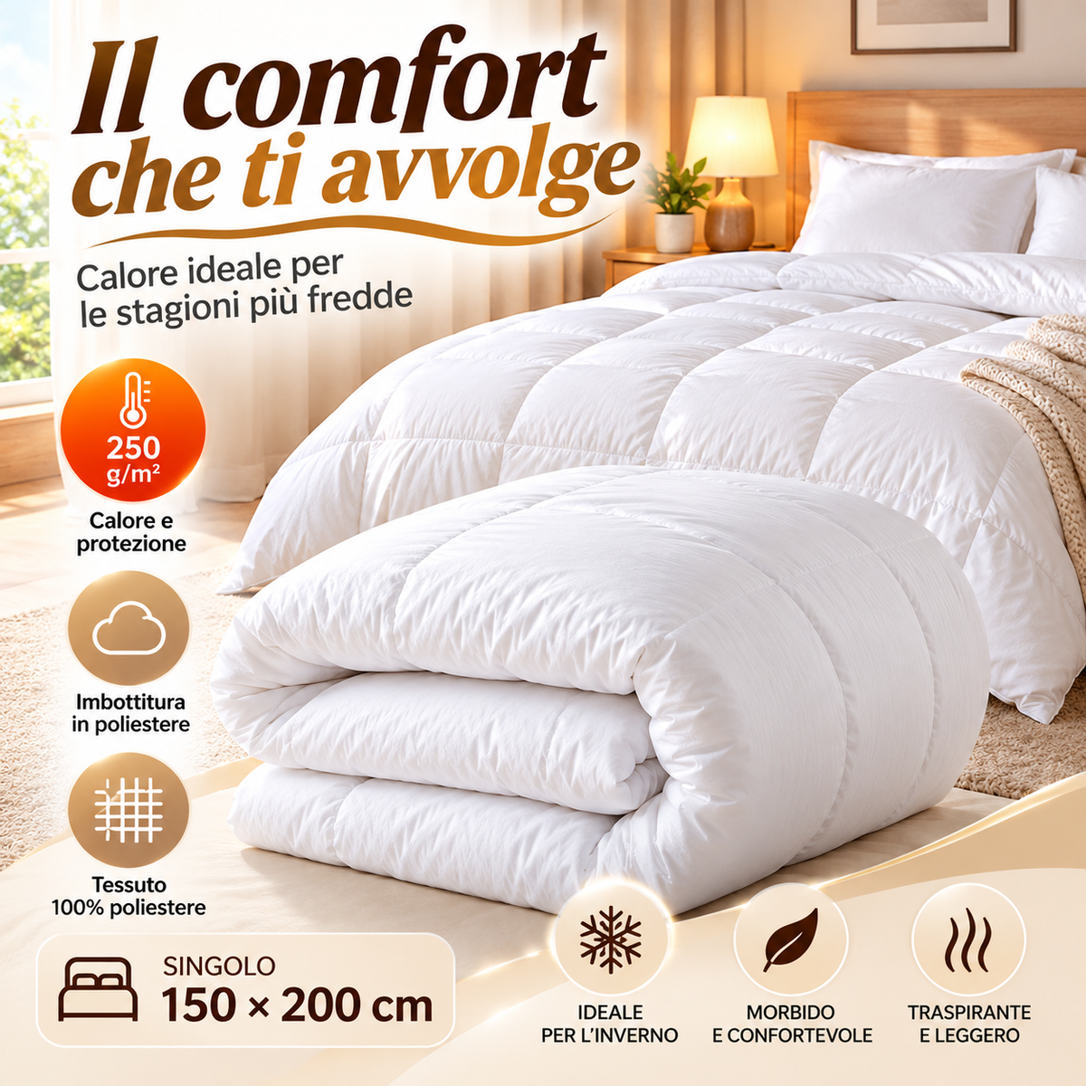 Piumino Invernale Singolo Pesante 250 GSM | Trapunta Letto 150x200 cm in Soffice Poliestere | Massimo Calore e Comfort per la Notte