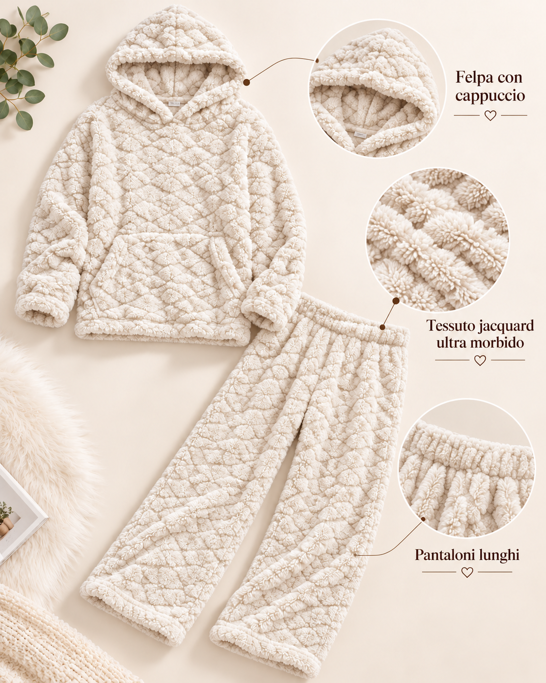Pigiama Invernale Donna Due Pezzi in Morbido Pile con Cappuccio - Lavorazione Jacquard 3304