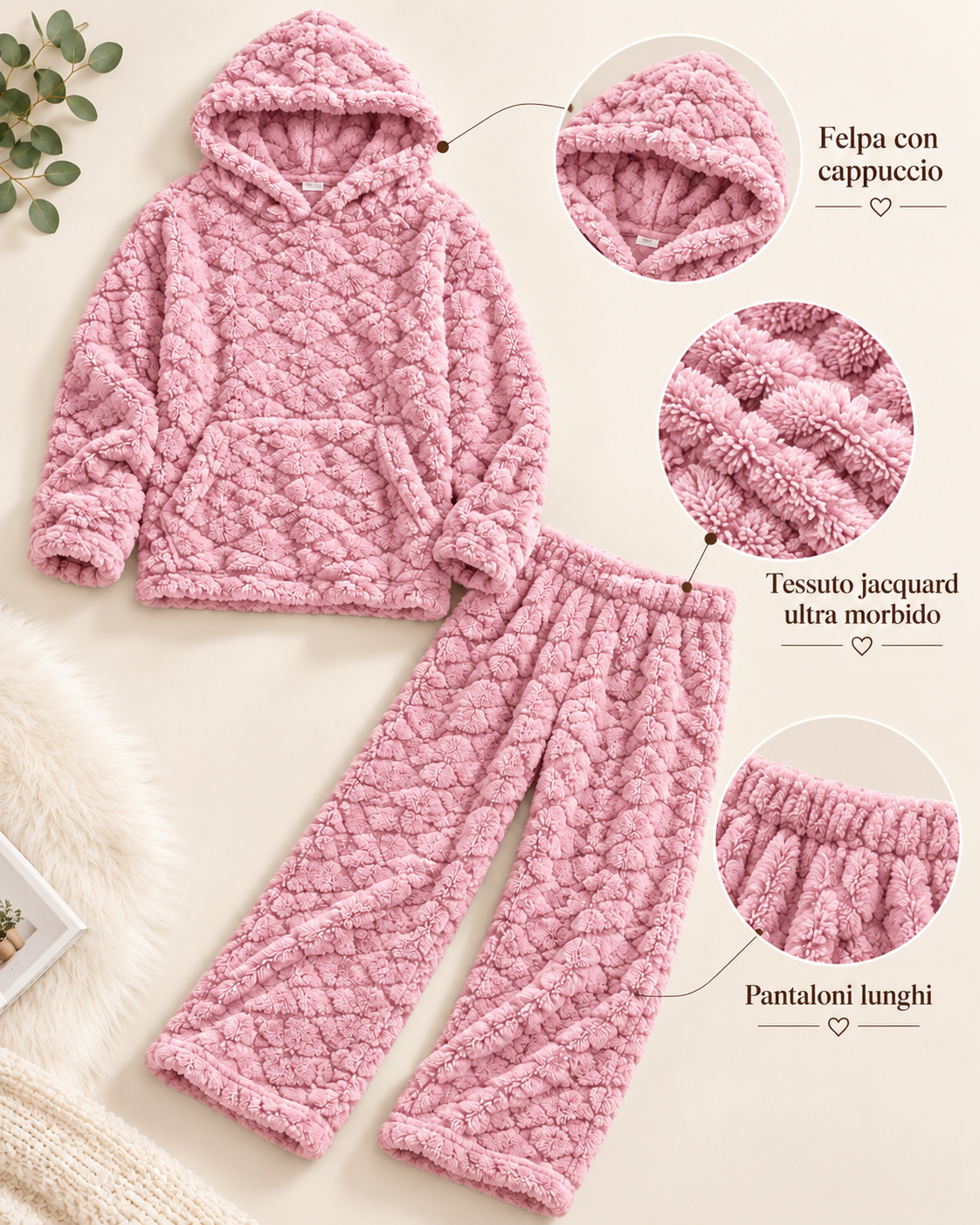 Pigiama Invernale Donna Due Pezzi in Morbido Pile con Cappuccio - Lavorazione Jacquard 3304