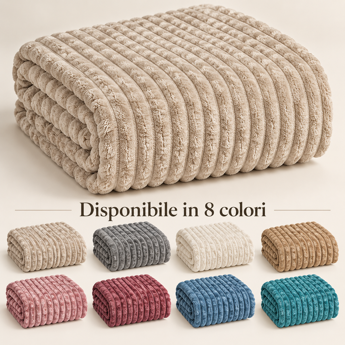 Plaid Singolo in Caldo Pile con Sherpa e Lavorazione a Coste in Rilievo, Coperta Sofà Letto Super Morbida, Disponibile in 8 Colori, Accessorio Arredo Relax