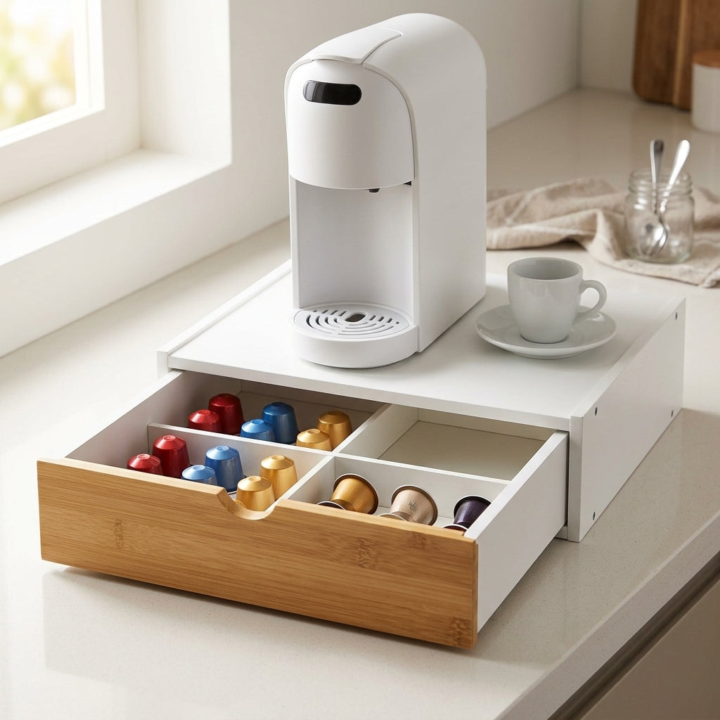 Cassetto Porta Capsule Base per Macchina Caffè con Frontale in Bambù - 4 Scomparti (Bianco/Nero)