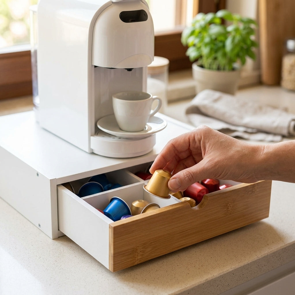 Cassetto Porta Capsule Base per Macchina Caffè con Frontale in Bambù - 4 Scomparti (Bianco/Nero)