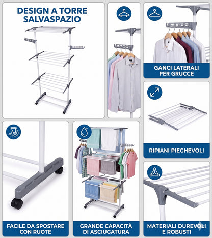 Stendibiancheria a Torre 3 Livelli XL - Salvaspazio, con Ruote e Bracci Porta Grucce - 170cm