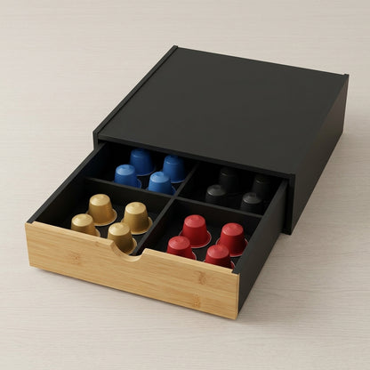 Cassetto Porta Capsule Base per Macchina Caffè con Frontale in Bambù - 4 Scomparti (Bianco/Nero)