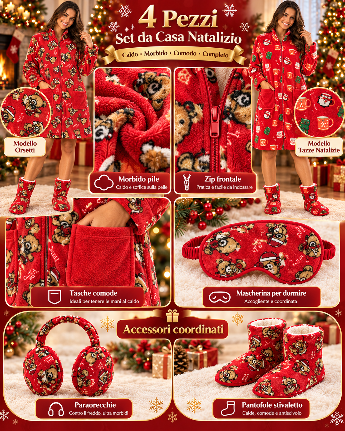 Set Regalo Homewear Donna 4 Pezzi a Tema Natalizio - 2 Modelli, Taglie M-XXL 12