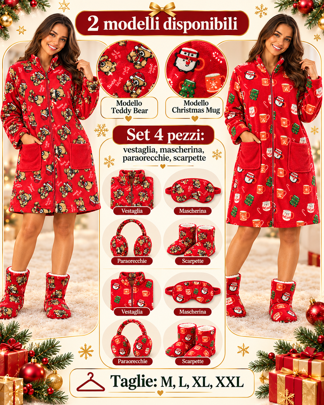 Set Regalo Homewear Donna 4 Pezzi a Tema Natalizio - 2 Modelli, Taglie M-XXL 12