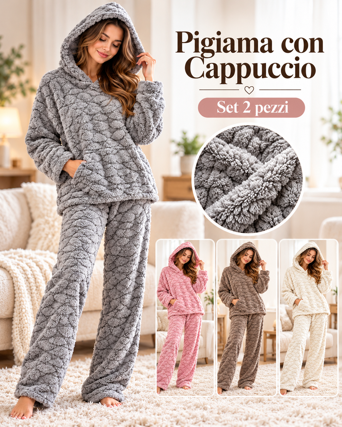 Pigiama Invernale Donna Due Pezzi in Morbido Pile con Cappuccio - Lavorazione Jacquard 3304