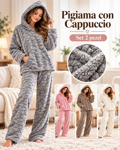 Pigiama Invernale Donna Due Pezzi in Morbido Pile con Cappuccio - Lavorazione Jacquard 3304