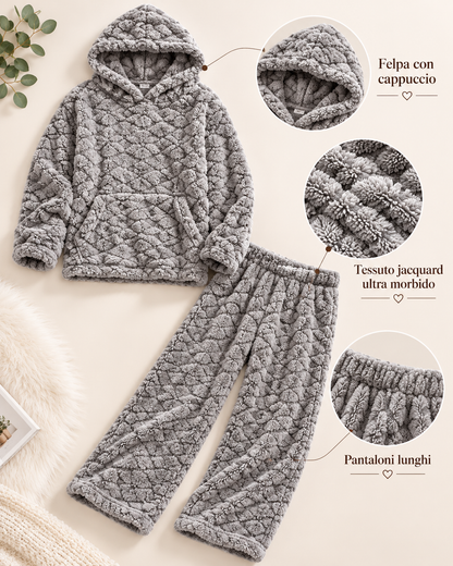 Pigiama Invernale Donna Due Pezzi in Morbido Pile con Cappuccio - Lavorazione Jacquard 3304