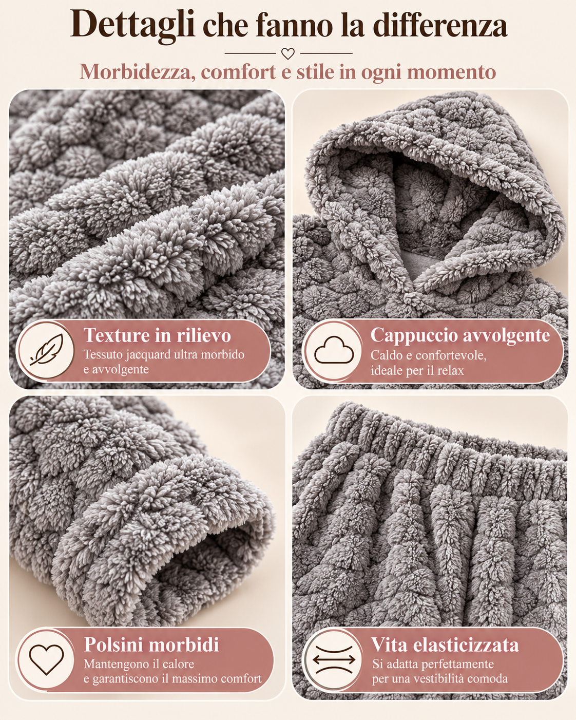 Pigiama Invernale Donna Due Pezzi in Morbido Pile con Cappuccio - Lavorazione Jacquard 3304