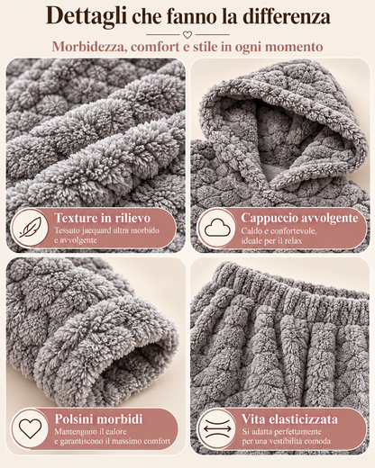 Pigiama Invernale Donna Due Pezzi in Morbido Pile con Cappuccio - Lavorazione Jacquard 3304