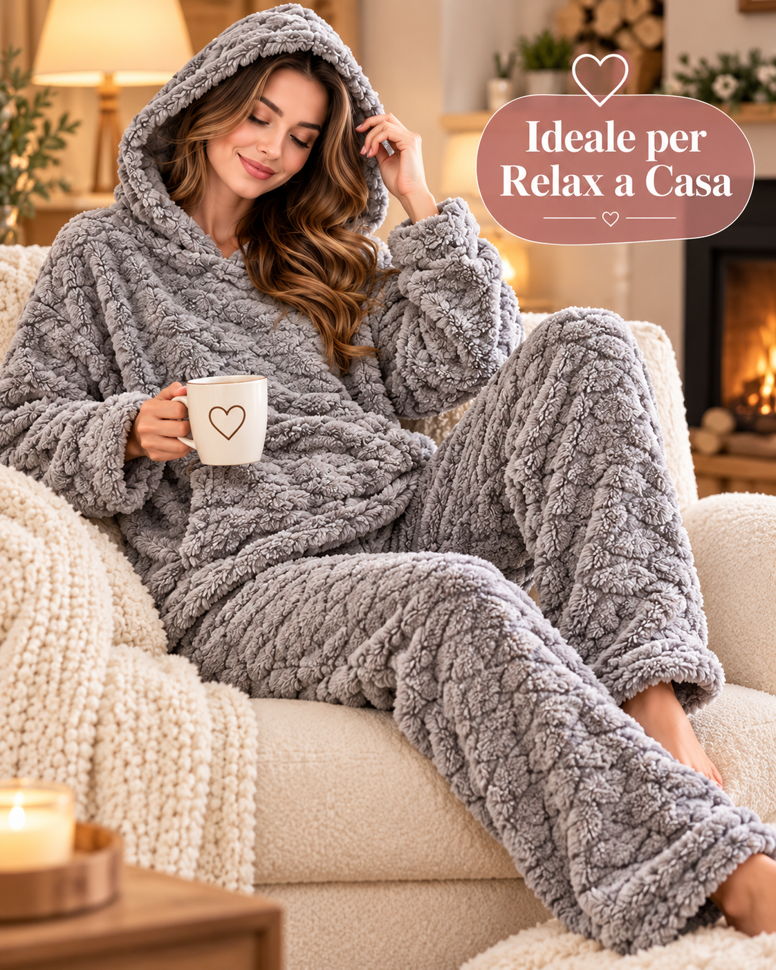 Pigiama Invernale Donna Due Pezzi in Morbido Pile con Cappuccio - Lavorazione Jacquard 3304