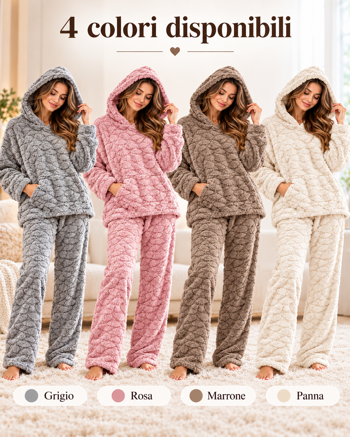 Pigiama Invernale Donna Due Pezzi in Morbido Pile con Cappuccio - Lavorazione Jacquard 3304