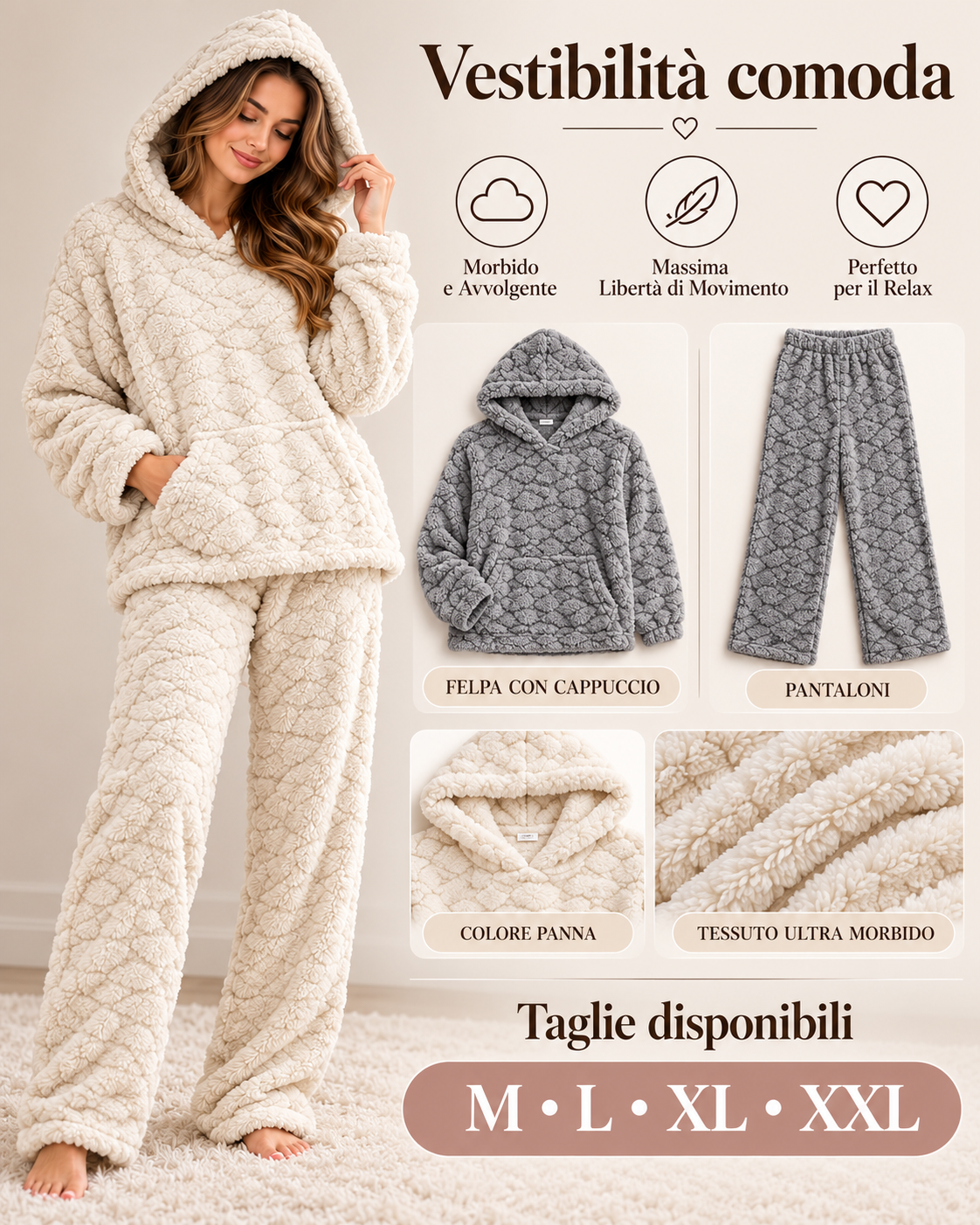 Pigiama Invernale Donna Due Pezzi in Morbido Pile con Cappuccio - Lavorazione Jacquard 3304