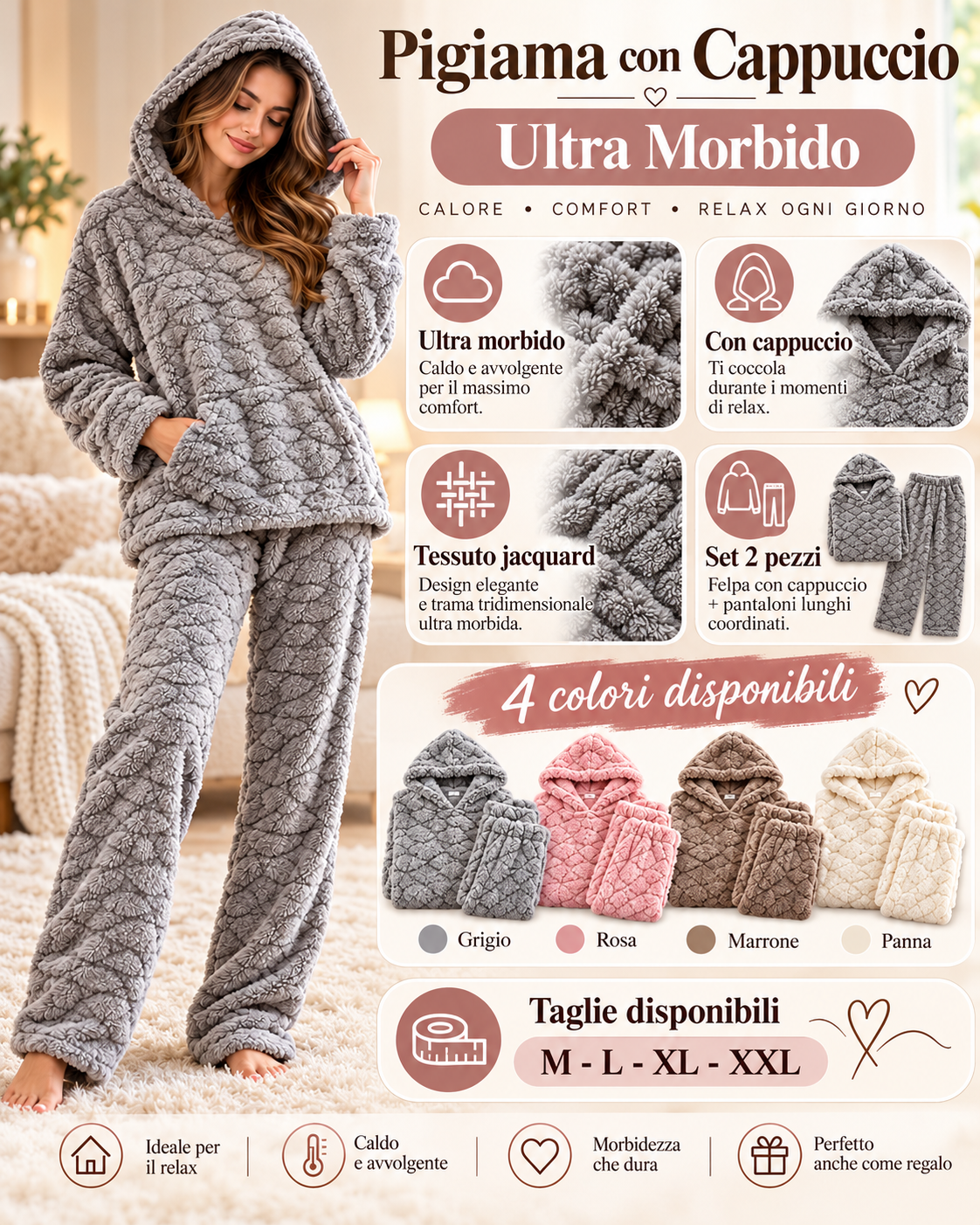 Pigiama Invernale Donna Due Pezzi in Morbido Pile con Cappuccio - Lavorazione Jacquard 3304