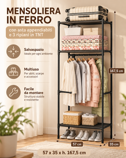 Mensoliera in Ferro con Asta AppendIABiti e 3 Ripiani in TNT - 57x35x167,5 cm