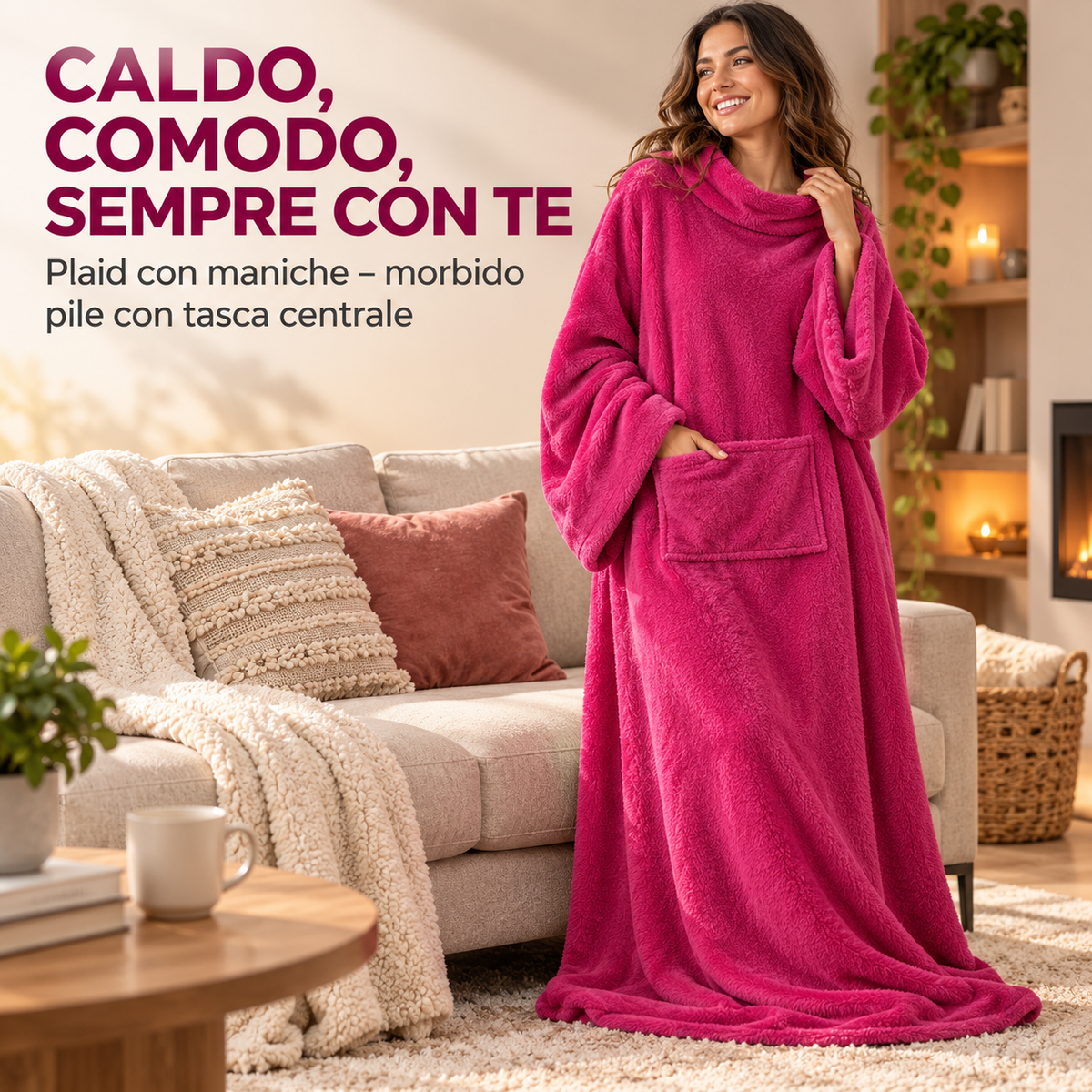 Coperta Indossabile con Maniche in Morbido Pile - 130x170 cm, 10 Colori