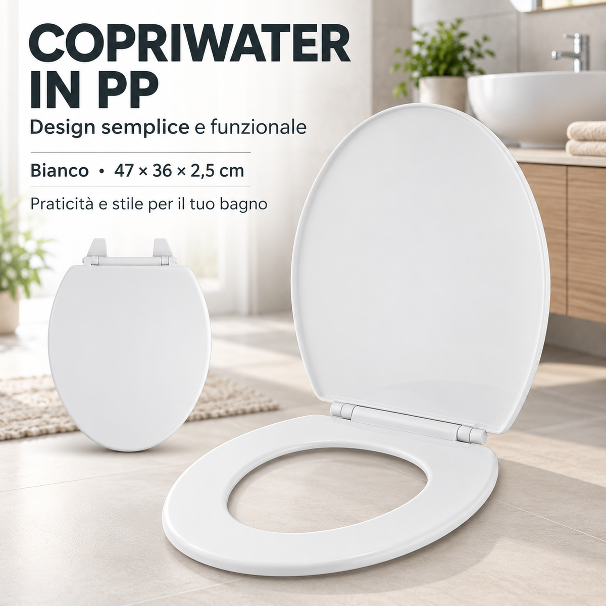 Copriwater Universale in Plastica Bianca 47x36 cm – Sedile WC in Polipropilene Resistente, Tavoletta per WC Leggera e Facile da Installare