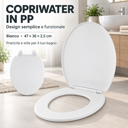 Copriwater Universale in Plastica Bianca 47x36 cm – Sedile WC in Polipropilene Resistente, Tavoletta per WC Leggera e Facile da Installare
