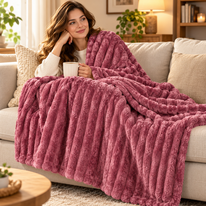Plaid Singolo in Caldo Pile con Sherpa e Lavorazione a Coste in Rilievo, Coperta Sofà Letto Super Morbida, Disponibile in 8 Colori, Accessorio Arredo Relax