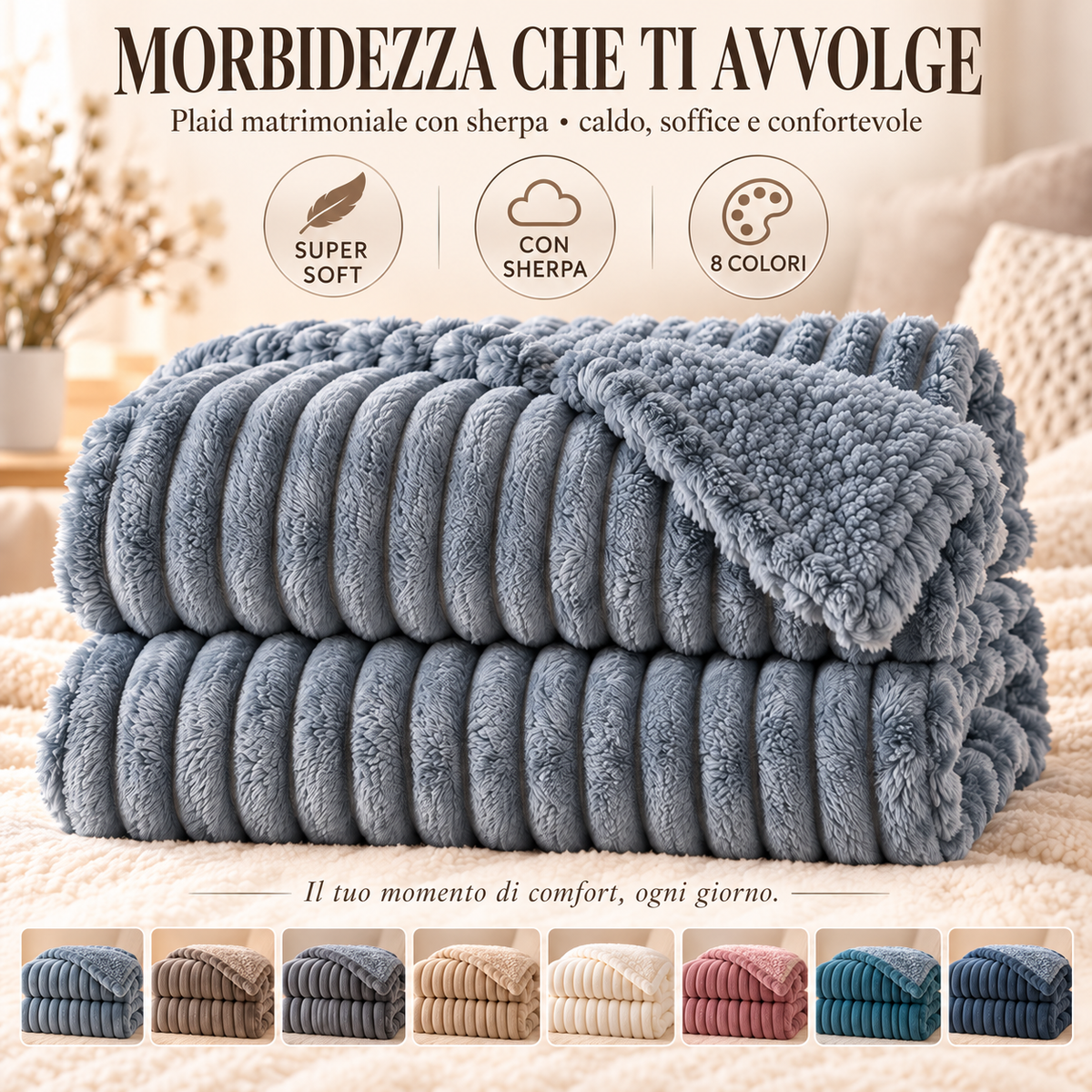 Plaid Matrimoniale in Caldo Pile con Sherpa e Lavorazione a Coste in Rilievo, Coperta Letto Sofà Super Morbida, Disponibile in 8 Colori, Accessorio Arredo Relax 11