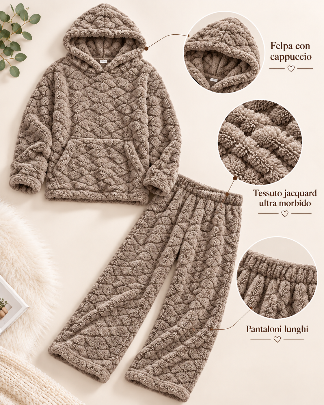 Pigiama Invernale Donna Due Pezzi in Morbido Pile con Cappuccio - Lavorazione Jacquard 3304