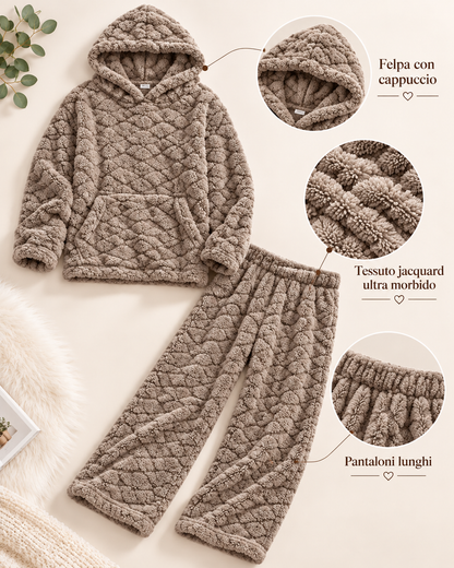 Pigiama Invernale Donna Due Pezzi in Morbido Pile con Cappuccio - Lavorazione Jacquard 3304