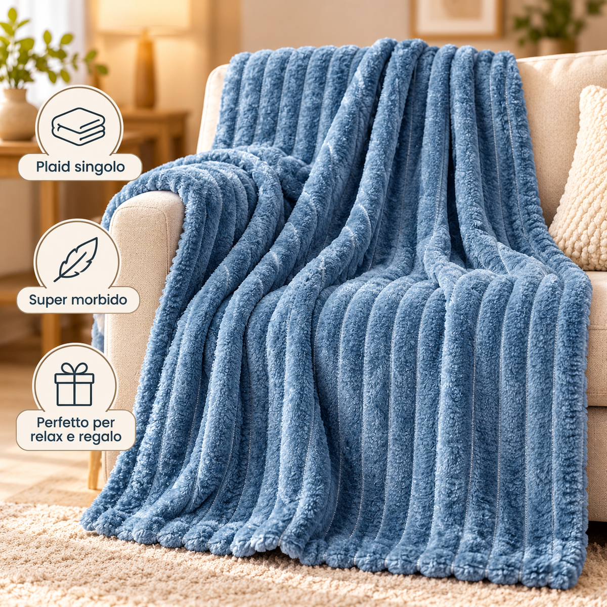 Plaid Singolo in Caldo Pile con Sherpa e Lavorazione a Coste in Rilievo, Coperta Sofà Letto Super Morbida, Disponibile in 8 Colori, Accessorio Arredo Relax