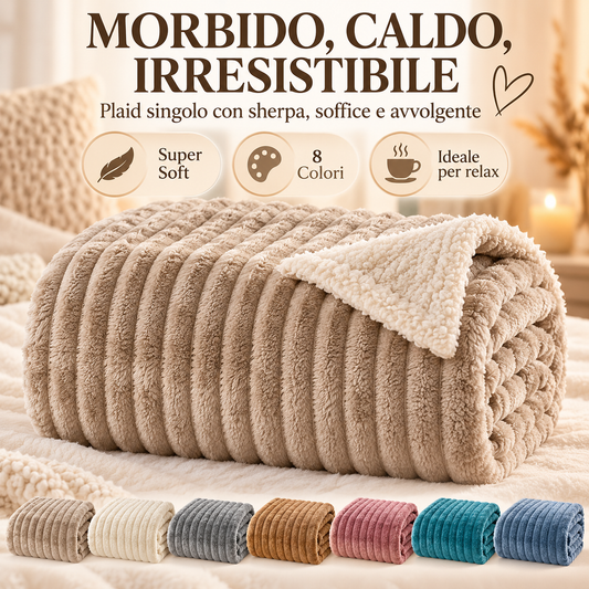 Plaid Singolo in Caldo Pile con Sherpa e Lavorazione a Coste in Rilievo, Coperta Sofà Letto Super Morbida, Disponibile in 8 Colori, Accessorio Arredo Relax 04