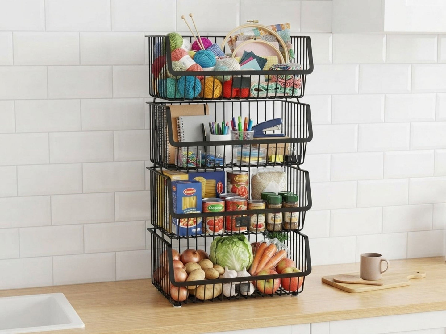Cestino Porta Frutta e Verdura a 2 Piani - Organizzatore Impilabile in Metallo Nero