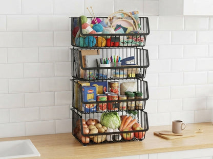 Cestino Porta Frutta e Verdura a 2 Piani - Organizzatore Impilabile in Metallo Nero