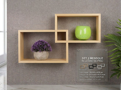 Set 2 Mensole da Muro a Cubo Incrociato in Legno di Pino - Design Moderno