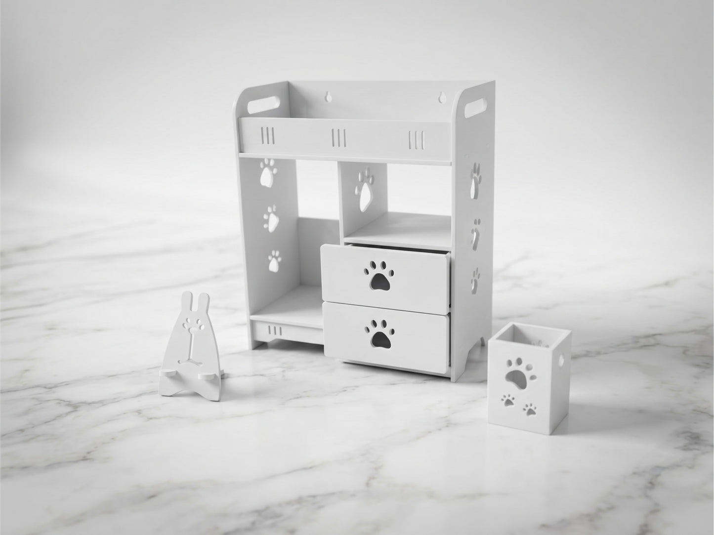 Organizer da Scrivania Grande con 2 Cassetti e Accessori - Design "Zampe", Bianco | 35,5x40x18 cm