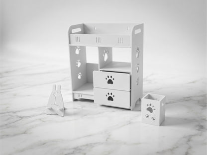 Organizer da Scrivania Grande con 2 Cassetti e Accessori - Design "Zampe", Bianco | 35,5x40x18 cm