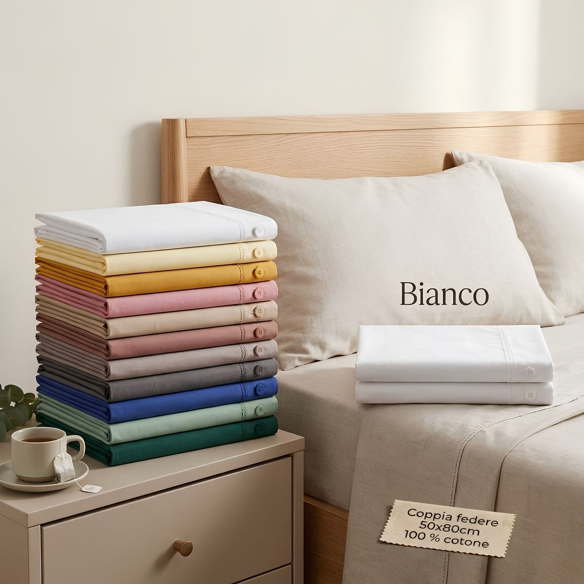 Coppia di Federe 50x80 cm in 100% Cotone con Bottoni (11 Colori)