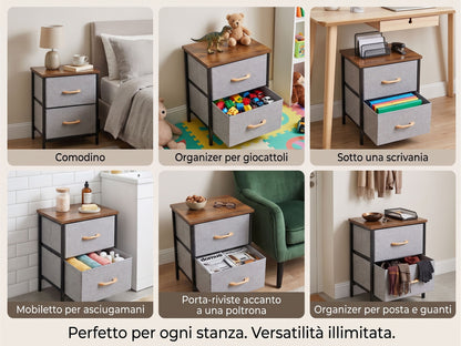 Comodino 2 Cassetti in Tessuto e Legno - Cassettiera Da Notte Salvaspazio, 40x30x53,5 cm