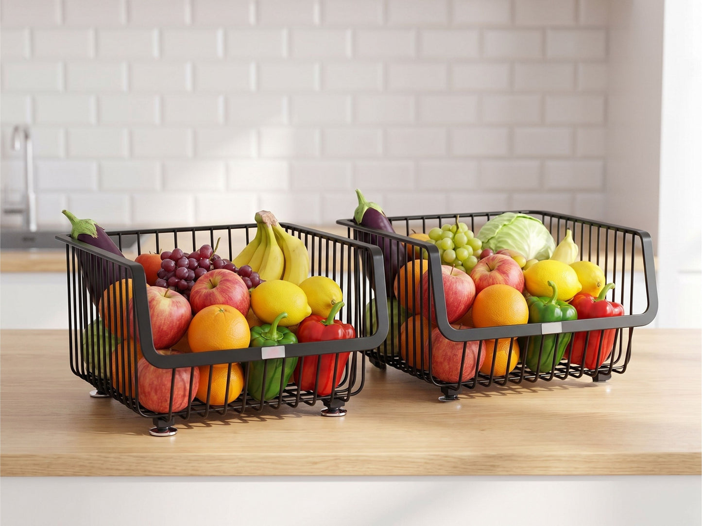 Cestino Porta Frutta e Verdura a 2 Piani - Organizzatore Impilabile in Metallo Nero