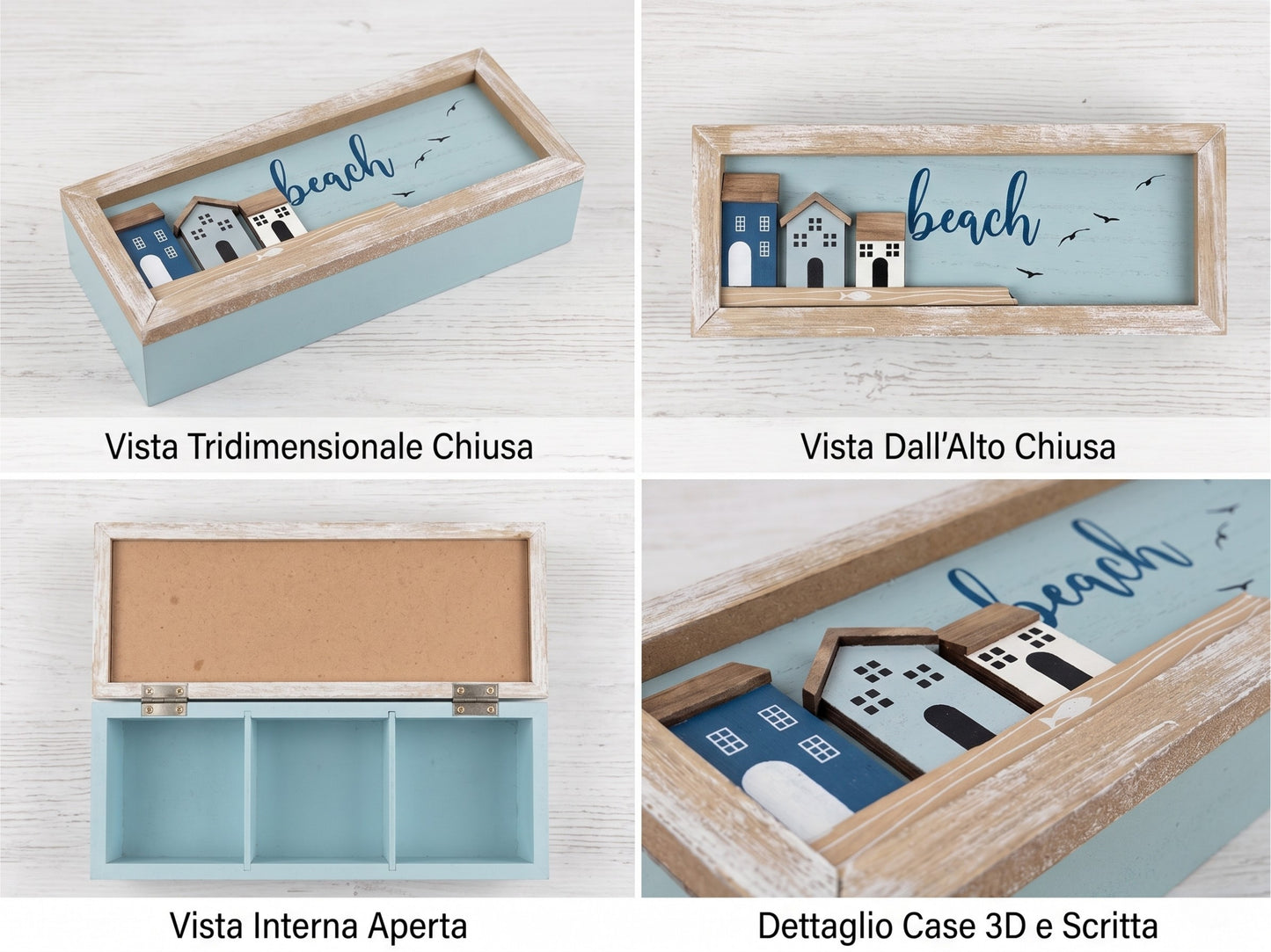 Scatola Porta Tè in Legno Stile Mare con 3 Scomparti - 3 Modelli Assortiti