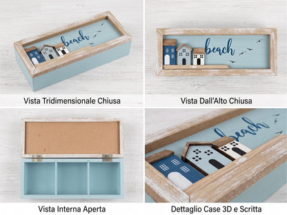 Scatola Porta Tè in Legno Stile Mare con 3 Scomparti - 3 Modelli Assortiti
