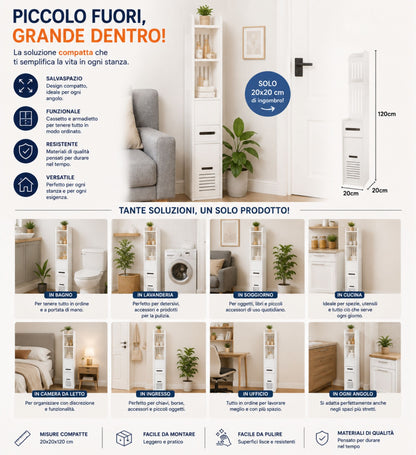 Colonna Salvaspazio , Mobiletto Alto e Stretto (20x120x20 cm), Organizzatore Moderno per Bagno e Casa