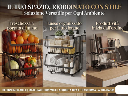 Cestino Porta Frutta e Verdura a 2 Piani - Organizzatore Impilabile in Metallo Nero