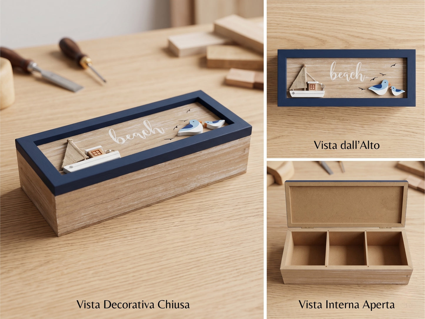 Scatola Porta Tè in Legno Stile Mare con 3 Scomparti - 3 Modelli Assortiti