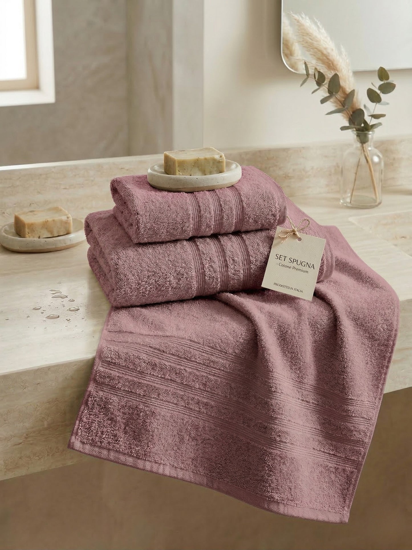 Set Tris Asciugamani in Spugna Misto Cotone – 8 Colori