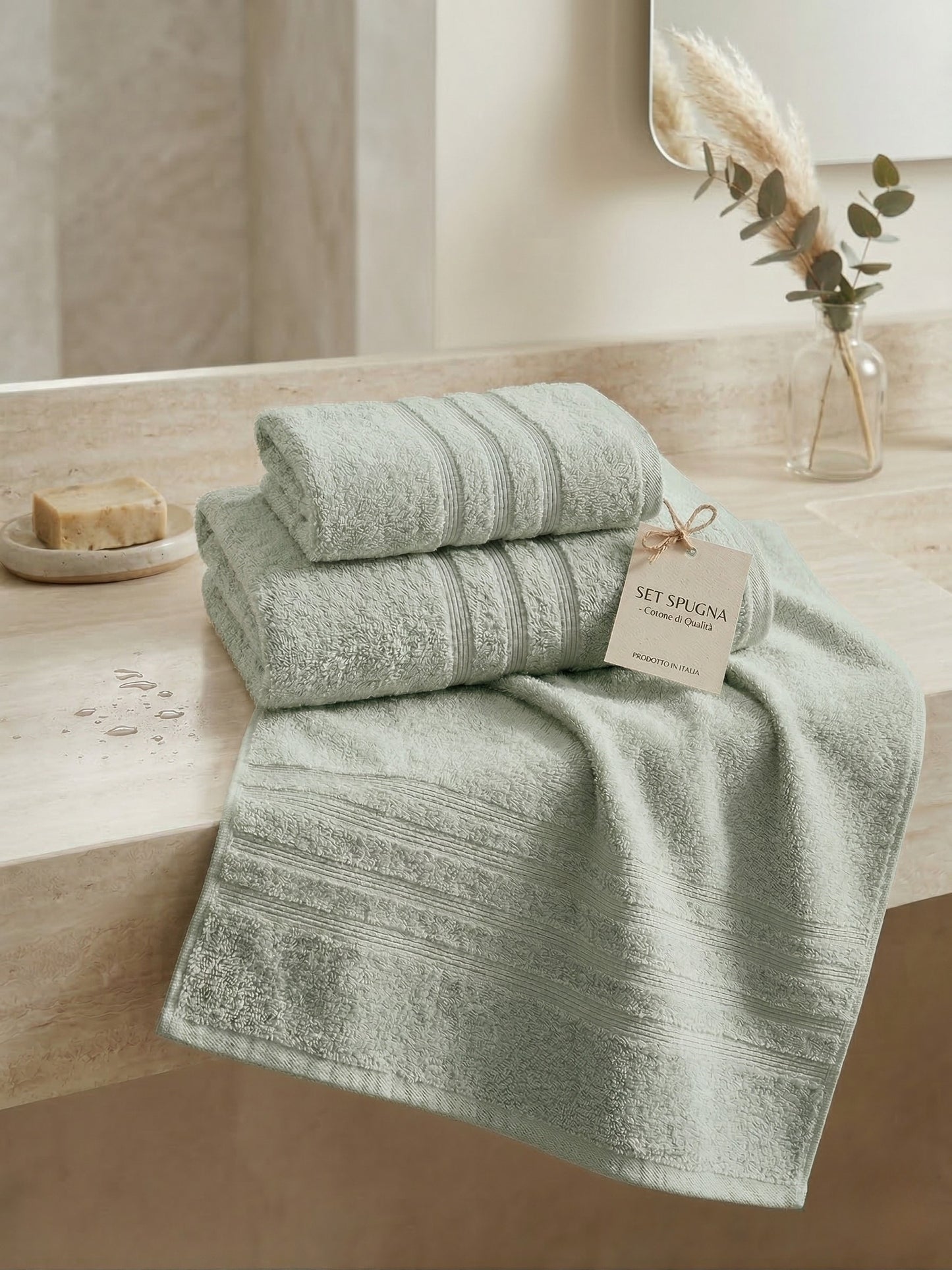 Set Tris Asciugamani in Spugna Misto Cotone – 8 Colori