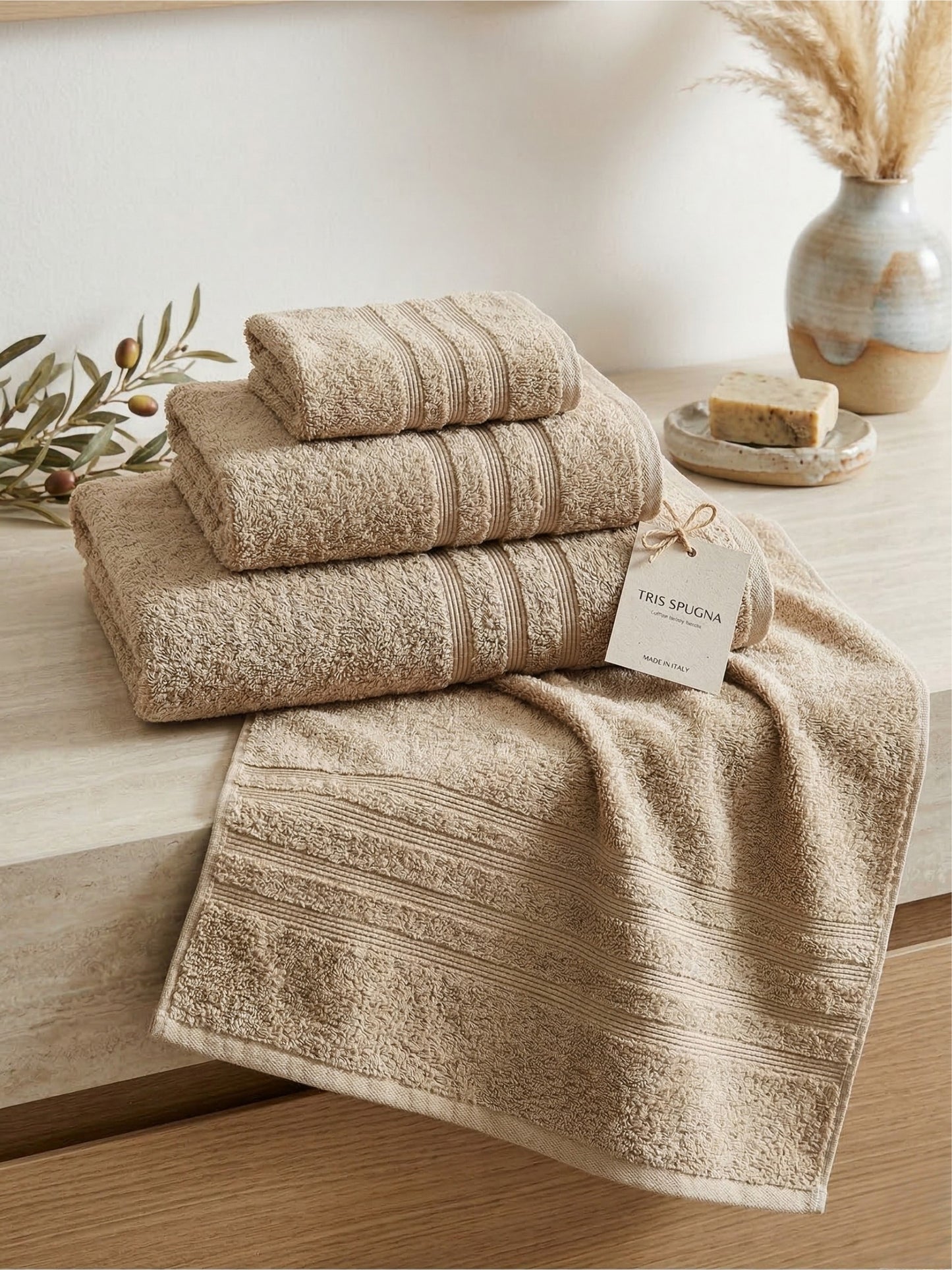 Set Tris Asciugamani in Spugna Misto Cotone – 8 Colori
